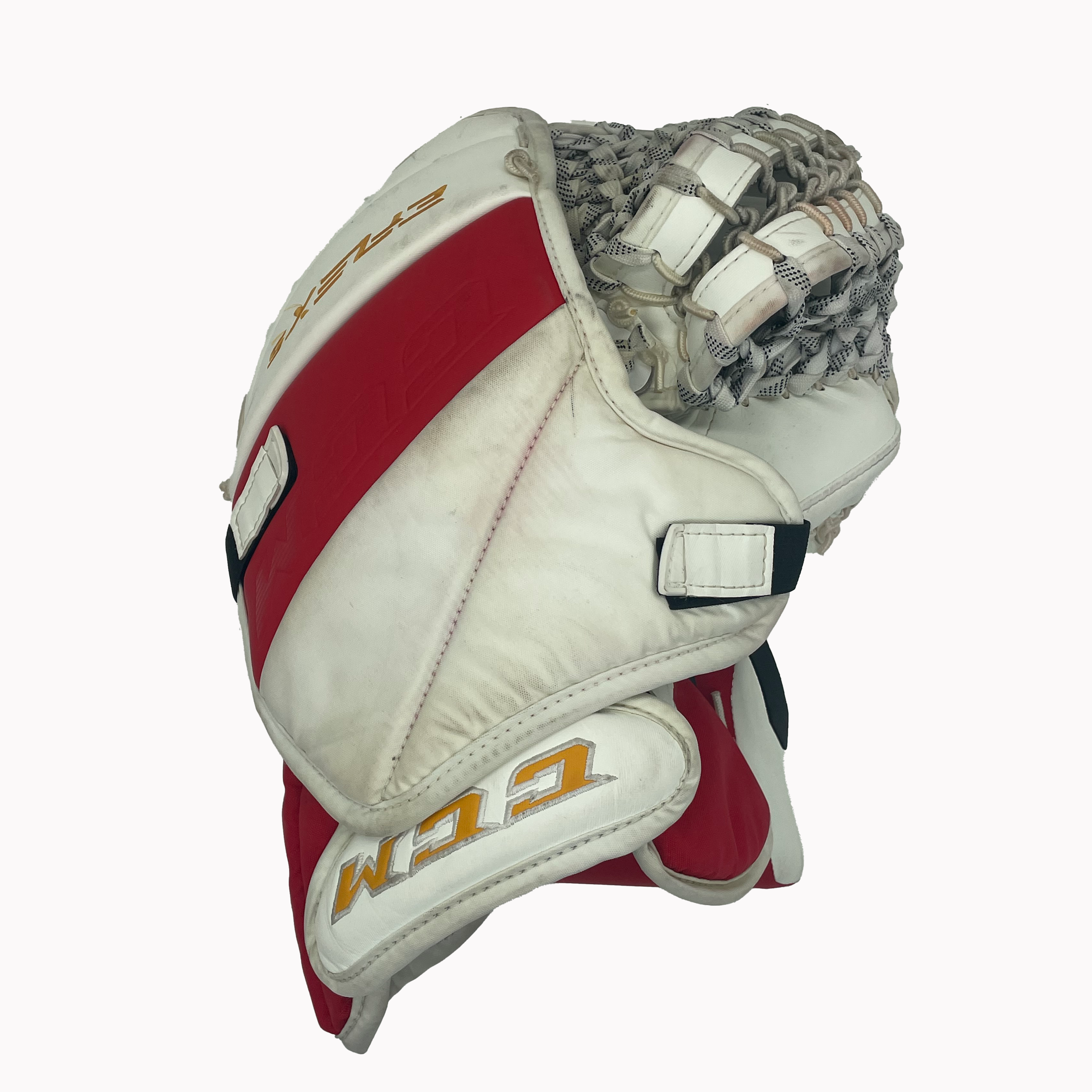 CCM Extreme Flex 5 - Gant de gardien de but Pro Stock d'occasion (jaune/blanc/rouge)